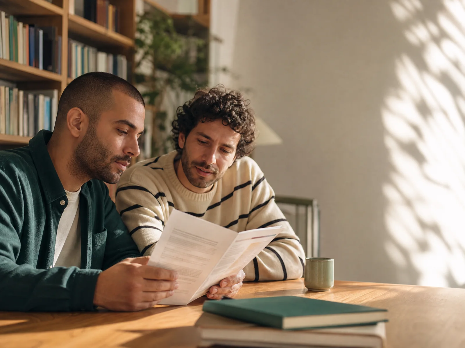 Dos personas consultan una guía de salud en un espacio luminoso