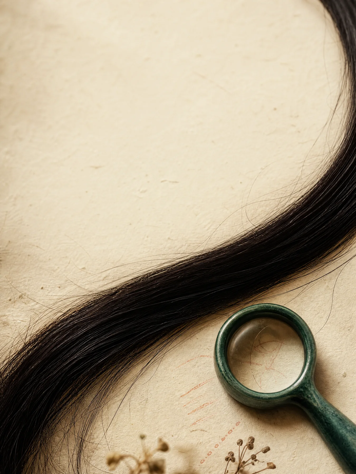 Hebras de cabello sobre superficie de papel marfil